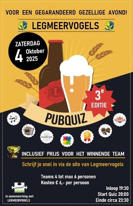 Gezellige pubquiz op 4 oktober bij Legmeervogels