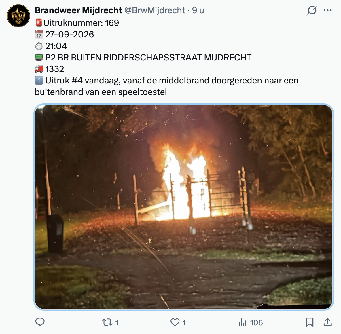 Speeltoestel in brand aan Ridderschapsstraat Mijdrecht